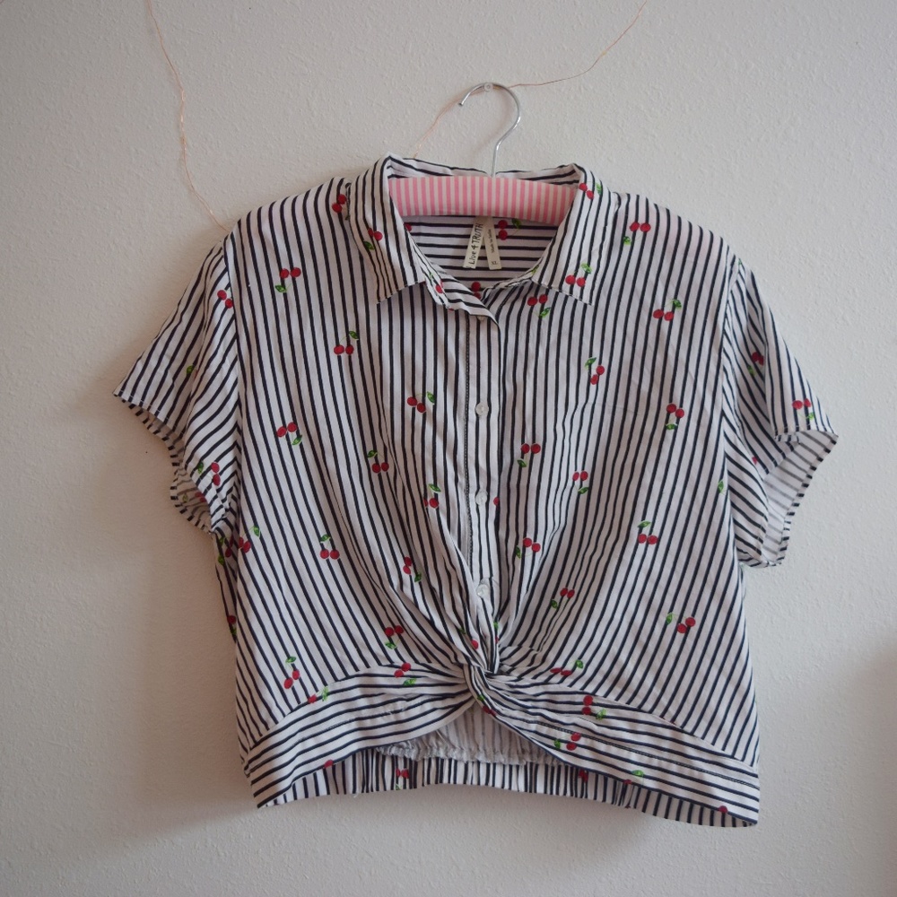 Cherry Striped Button Down Crop Top.